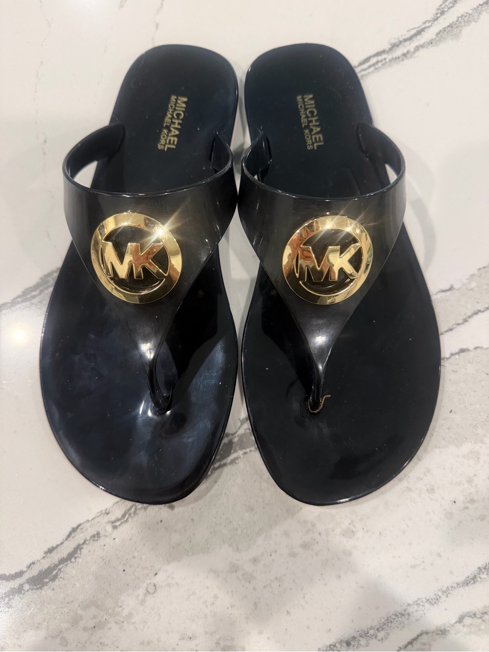 Michael Kors Black Sandal Thongs with Gold MK Logo